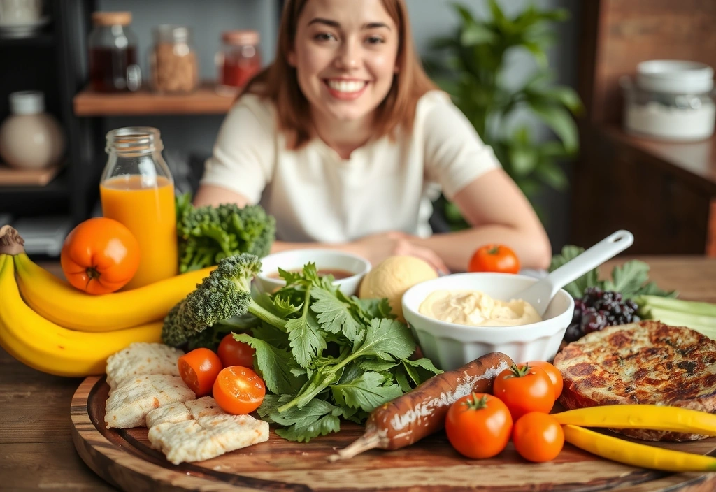 Ein lebendiges, gesundes Mahl auf einem Holztisch mit einer glücklichen, lächelnden Person im Hintergrund